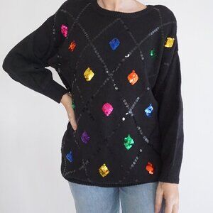 Leslie Fay Vintage Sequin Argyle Sweater Jewel Beads Whimsigoth Retro Glam 80s M